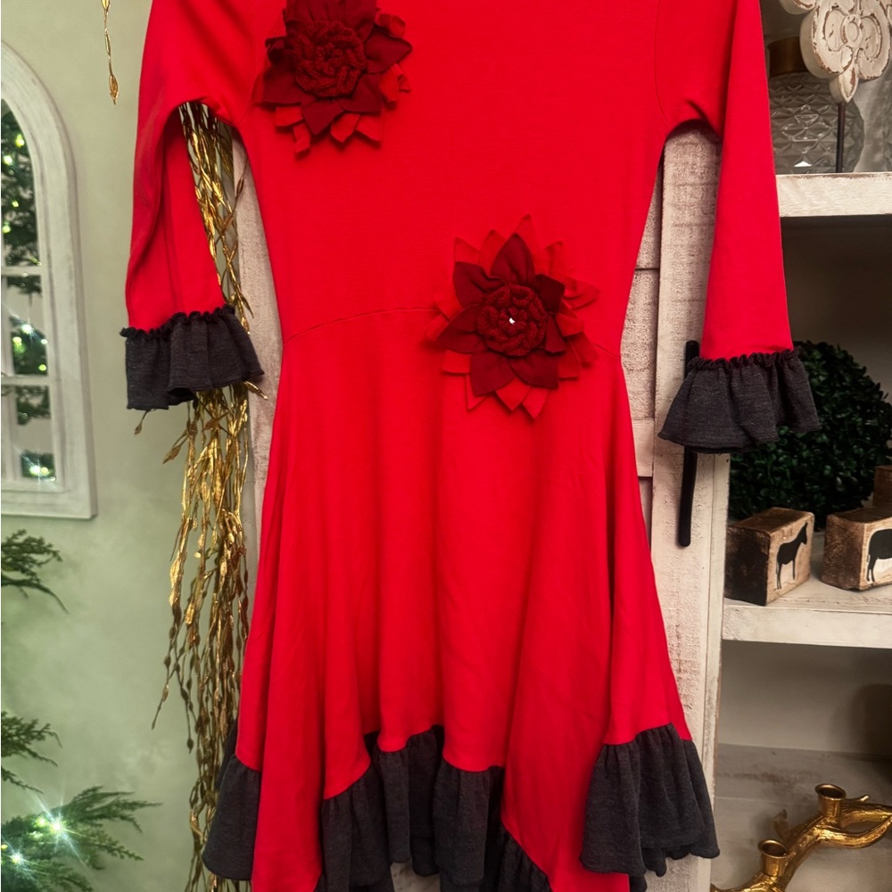 Lemon Loves Lime Red Dress with Black Ruffle and Floral Details